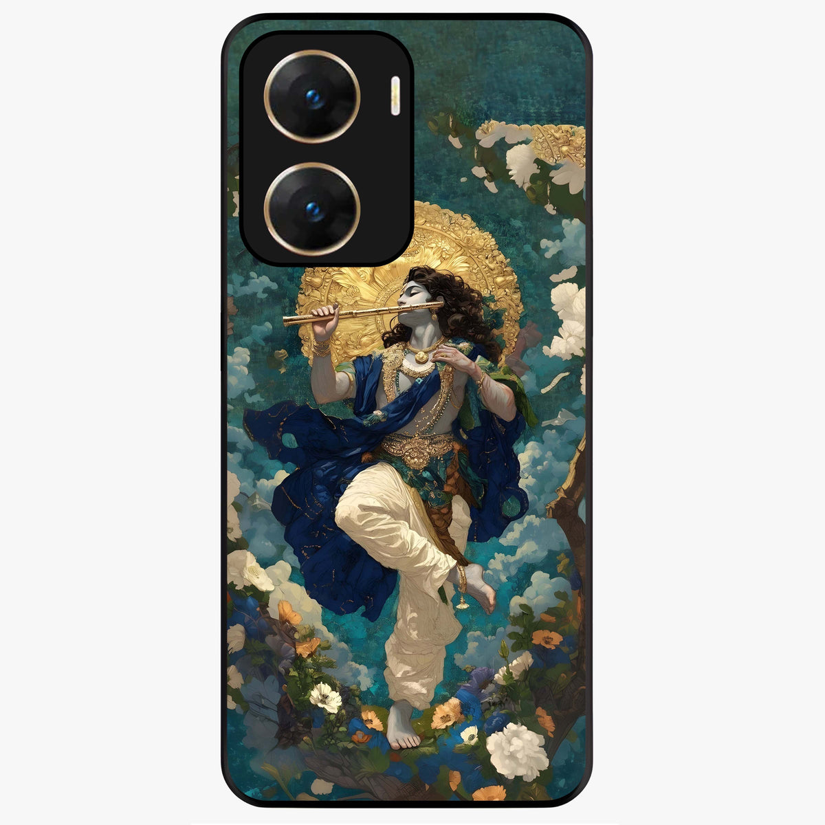 Divine Krishna Art Glass Case showing flat back view with Lord Krishna artwork and glossy glass finish.