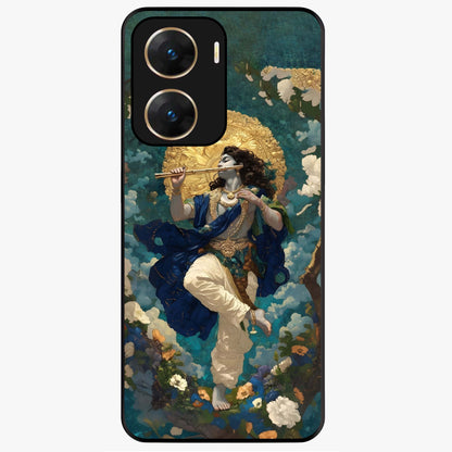 Divine Krishna Art Glass Case showing flat back view with Lord Krishna artwork and glossy glass finish.