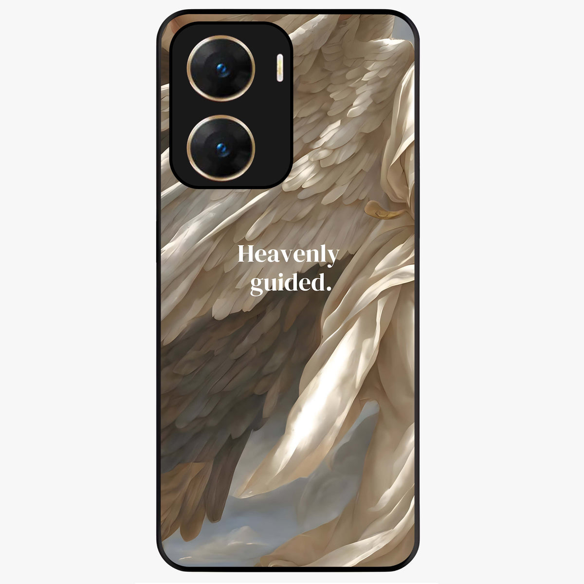 Divine Winged Grace Glass Case showing flat back view with elegant wing inspired artwork and glossy glass finish.