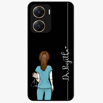 Doctor Pattern Custom Name Glass Case showing flat back view with medical themed pattern and personalized name design.