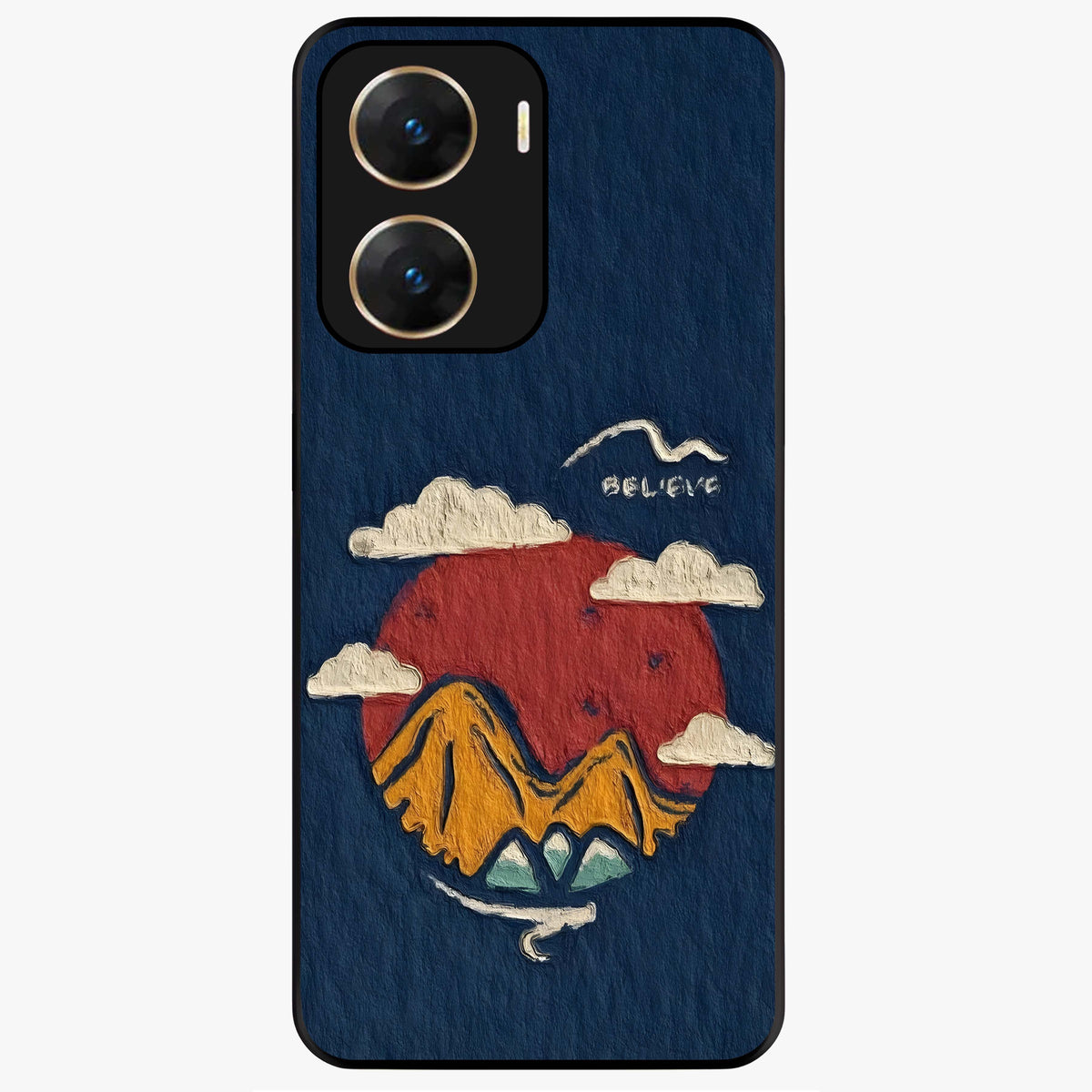 Dream Beyond Mountains Glass Case showing flat back view with scenic mountain landscape artwork and glossy glass finish.