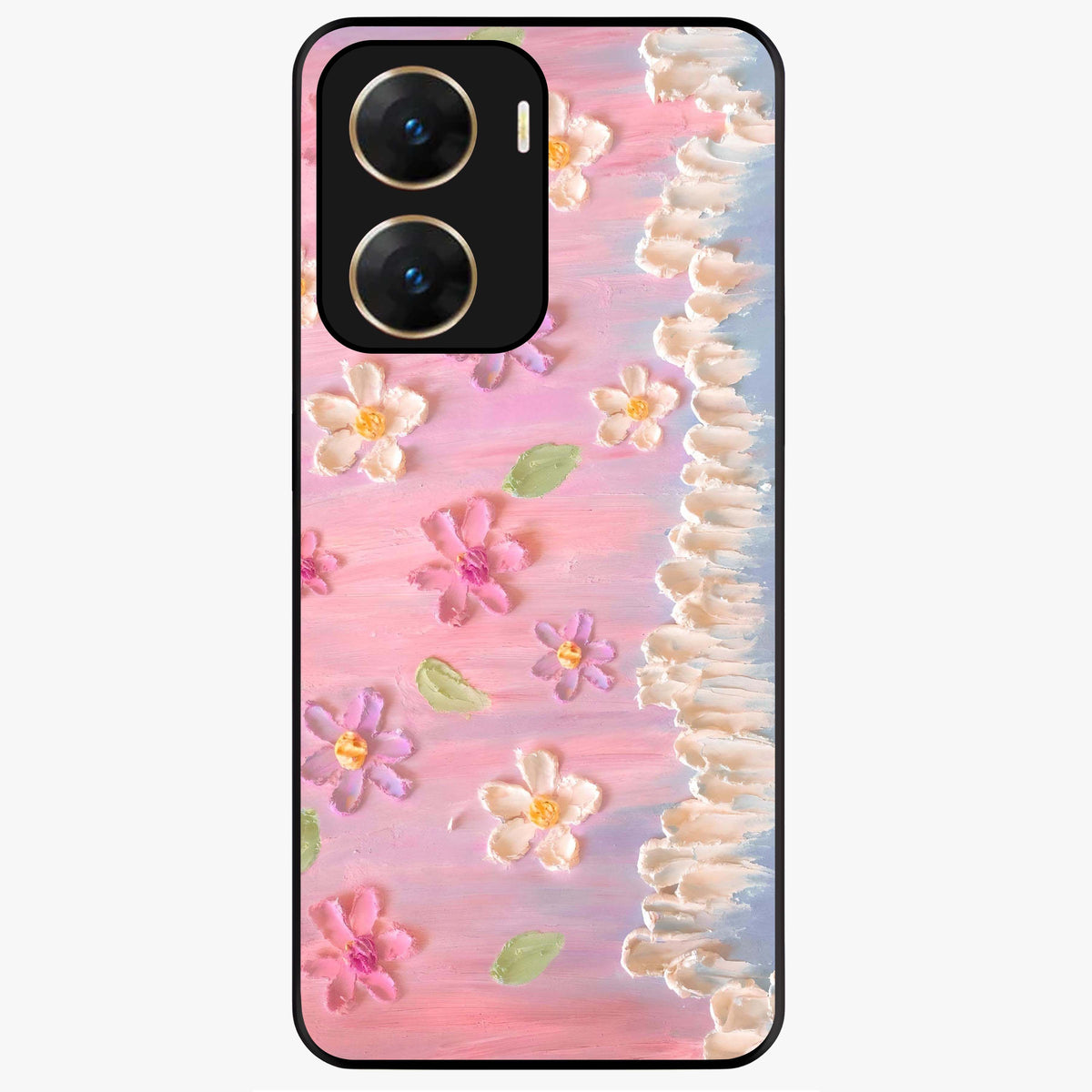 Dreamy Painted Garden Glass Case showing flat back view with artistic painted floral garden artwork and glossy glass finish.