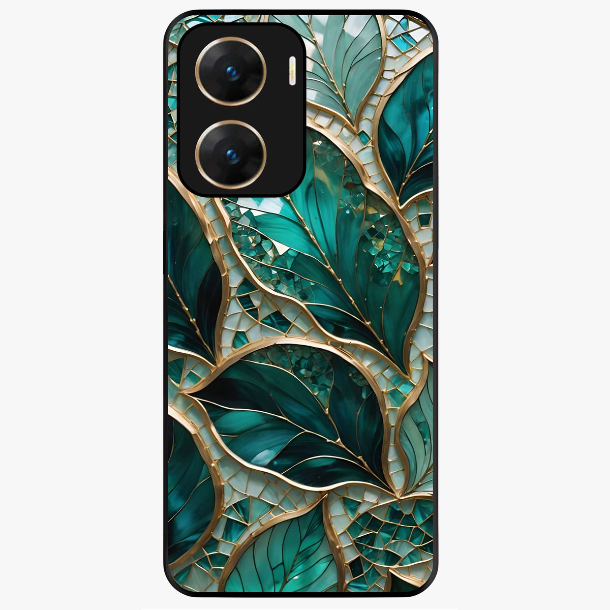 Emerald Leaf Glass Glass Case showing flat back view with emerald green leaf artwork and glossy glass finish.