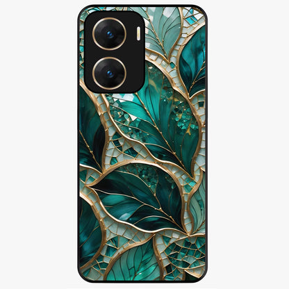 Emerald Leaf Glass Glass Case showing flat back view with emerald green leaf artwork and glossy glass finish.