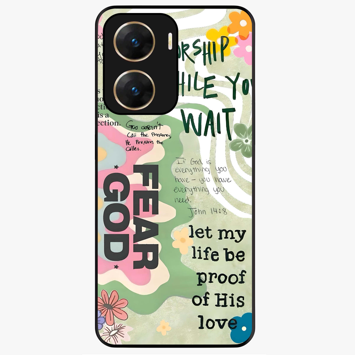 Faith Over Fear Glass Case showing flat back view with motivational typography artwork and glossy glass finish.