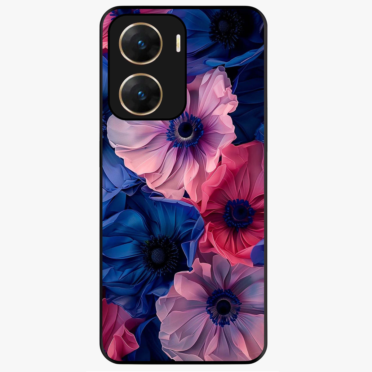 Flower Paper Art Pattern Glass Case showing flat back view with paper cut style floral artwork and glossy glass finish.