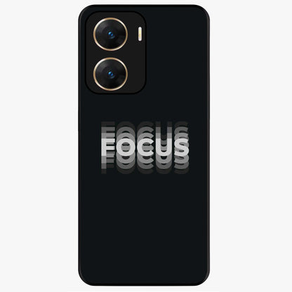 Focus Mode On Glass Case showing flat back view with bold motivational typography design and glossy glass finish.