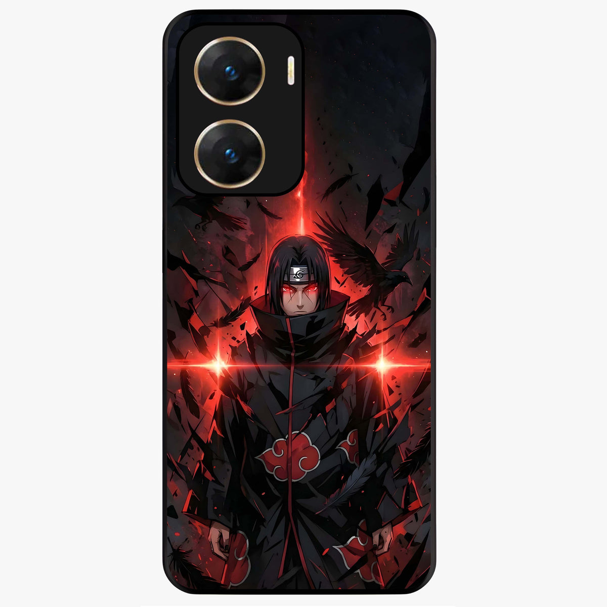 Focused Blade Discipline Glass Case showing flat back view with warrior sword themed artwork and glossy glass finish.