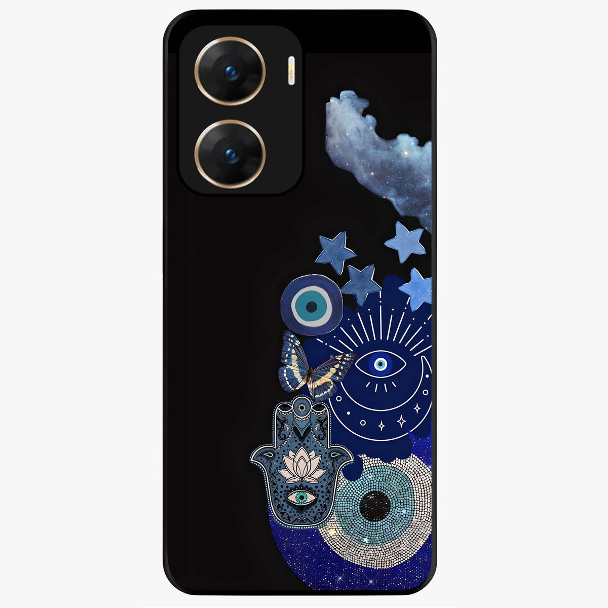 Galactic Charm Cluster Glass Case showing flat back view with glowing celestial charm artwork and glossy glass finish.