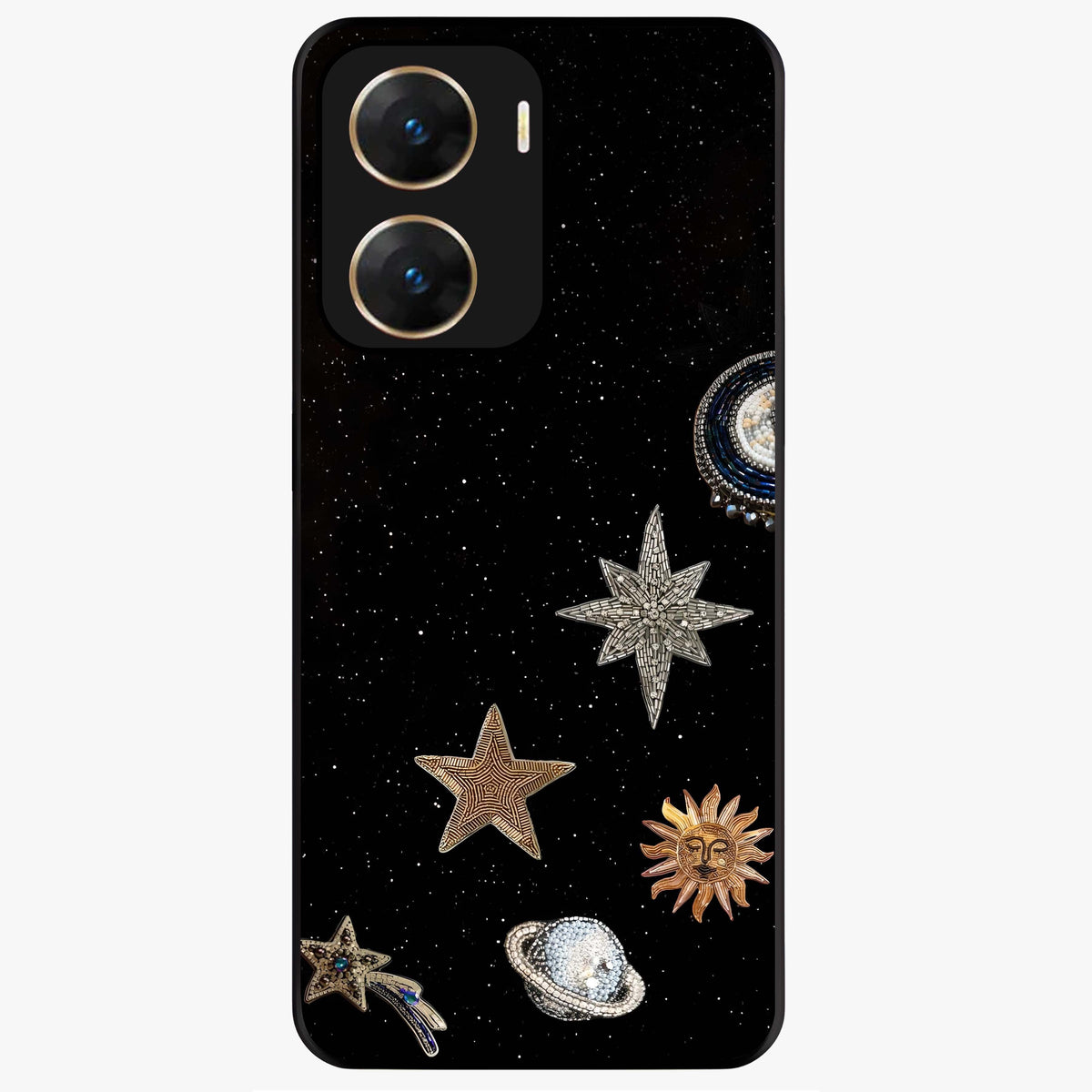 Galactic Charm Glow Glass Case showing flat back view with glowing celestial charm artwork and glossy glass finish.