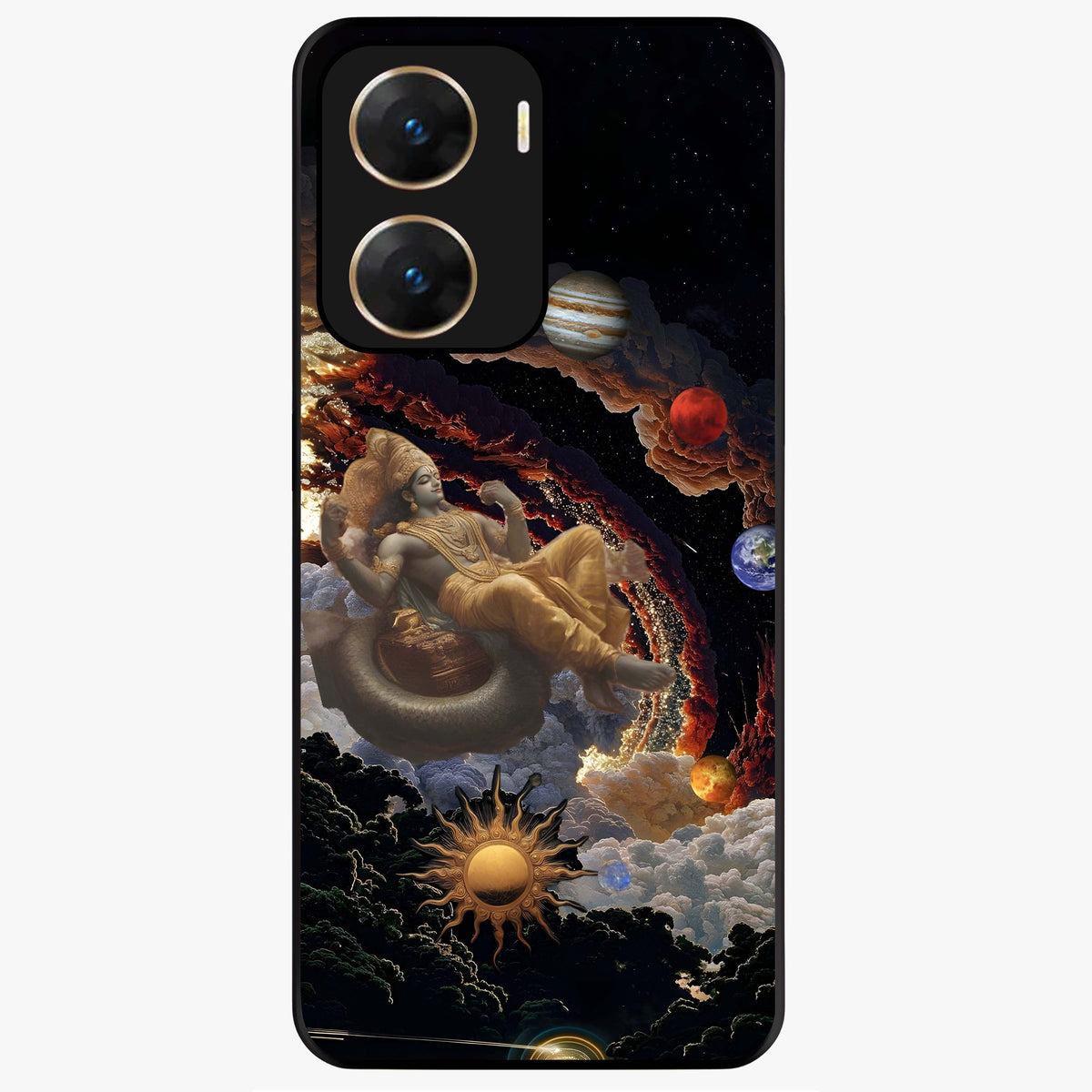 Galactic Divine God Glass Case showing flat back view with divine cosmic themed artwork and glossy glass finish.
