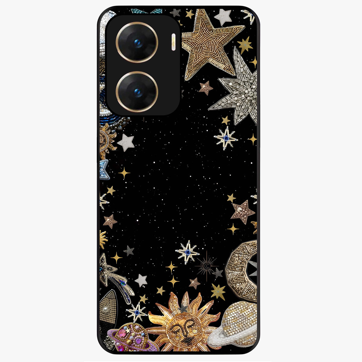 Galactic Jewel Stars Glass Case showing flat back view with sparkling star jewel artwork and glossy glass finish.