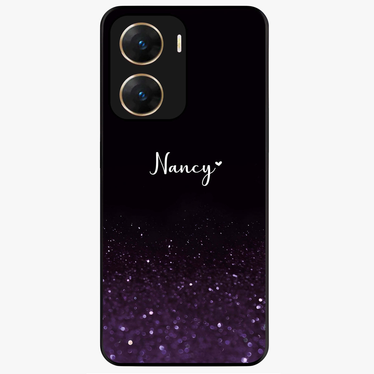 Glittery Purple Bokeh Custom Name Glass Case showing flat back view with purple bokeh sparkle artwork and personalized name design.