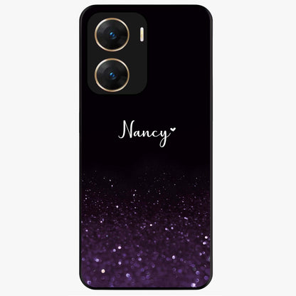 Glittery Purple Bokeh Custom Name Glass Case showing flat back view with purple bokeh sparkle artwork and personalized name design.