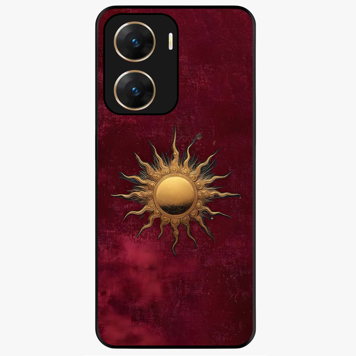 Gold Sun Blush Glass Case showing flat back view with golden sun inspired artwork and glossy glass finish.