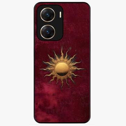 Gold Sun Blush Glass Case showing flat back view with golden sun inspired artwork and glossy glass finish.