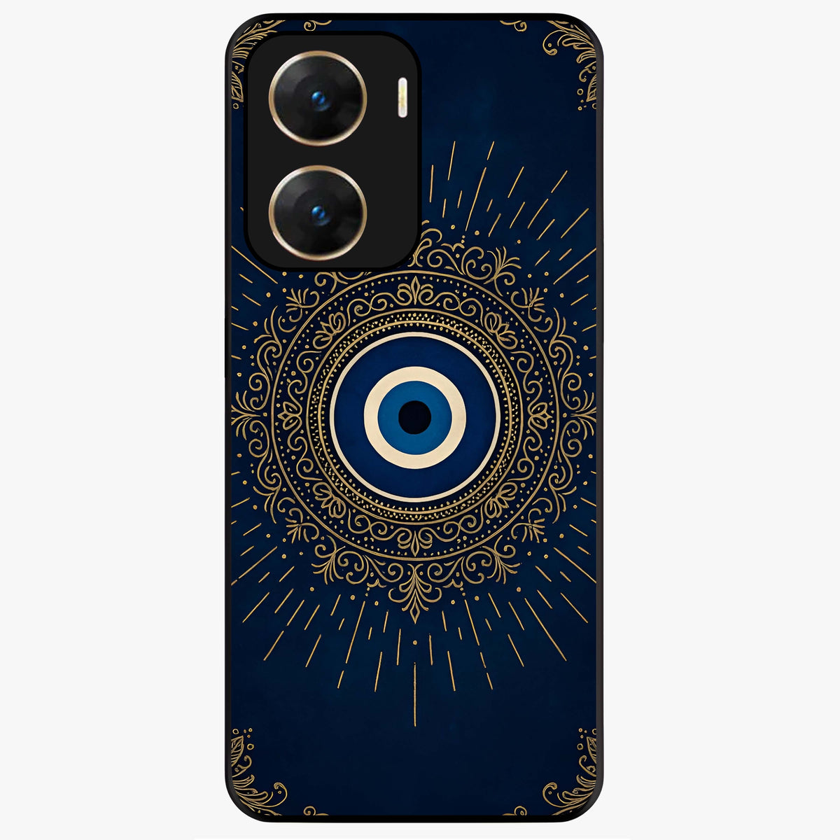 Golden Evil Eye Mandala Glass Case showing flat back view with intricate evil eye mandala artwork and glossy glass finish.
