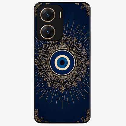 Golden Evil Eye Mandala Glass Case showing flat back view with intricate evil eye mandala artwork and glossy glass finish.