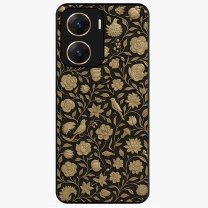 Golden Floral Majesty Glass Case showing flat back view with luxurious golden floral artwork and glossy glass finish.