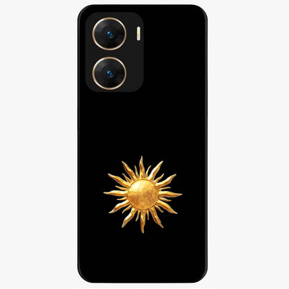 Golden Sun Minimalism Glass Case showing flat back view with minimal golden sun artwork and glossy glass finish.