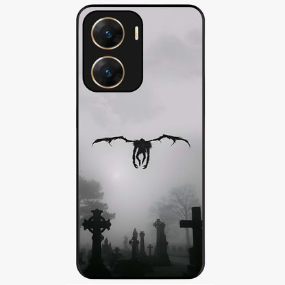 Graveyard Shadow Descent Glass Case showing flat back view with dark graveyard themed artwork and glossy glass finish.