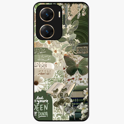 Green Islamic Books Quotes Glass Case showing flat back view with Islamic quotes and book themed artwork and glossy glass finish.