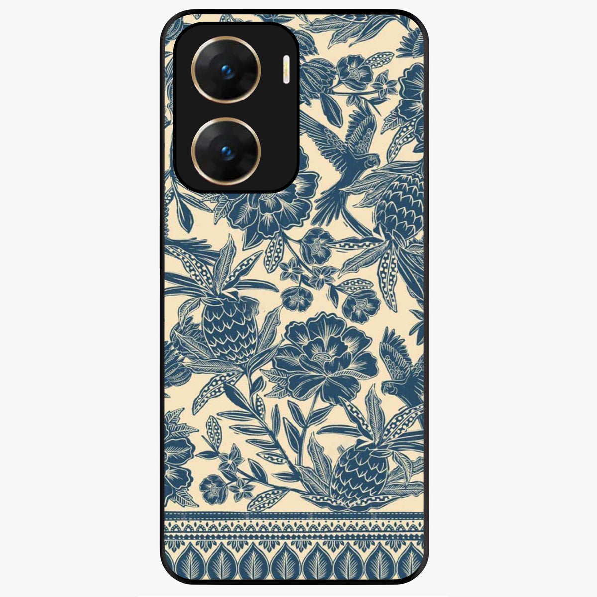Heirloom Wild Bloom Glass Case showing flat back view with vintage inspired wild flower artwork and glossy glass finish.