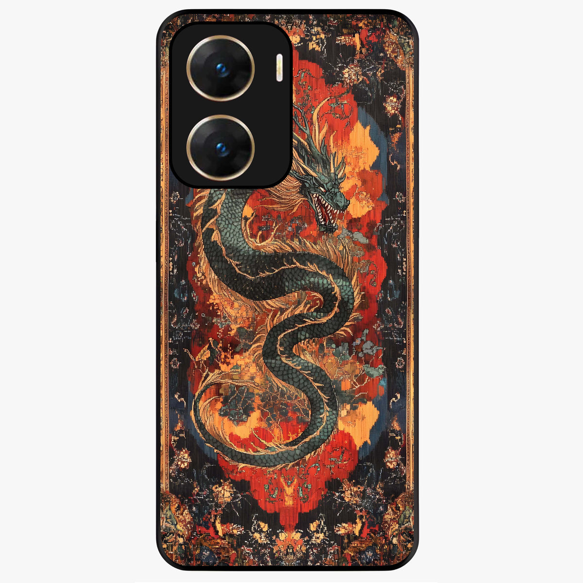 Inferno Dragon Soul Glass Case showing flat back view with fiery dragon artwork and glossy glass finish.
