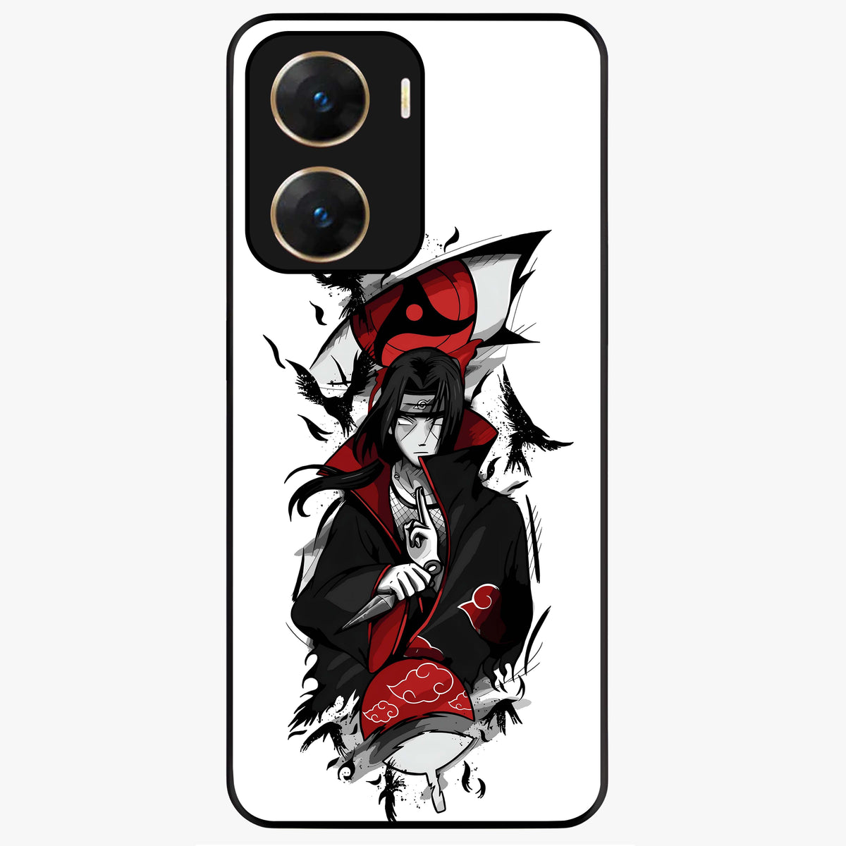 Itachi Sharingan Glass Case showing flat back view with powerful anime eye artwork and glossy glass finish.
