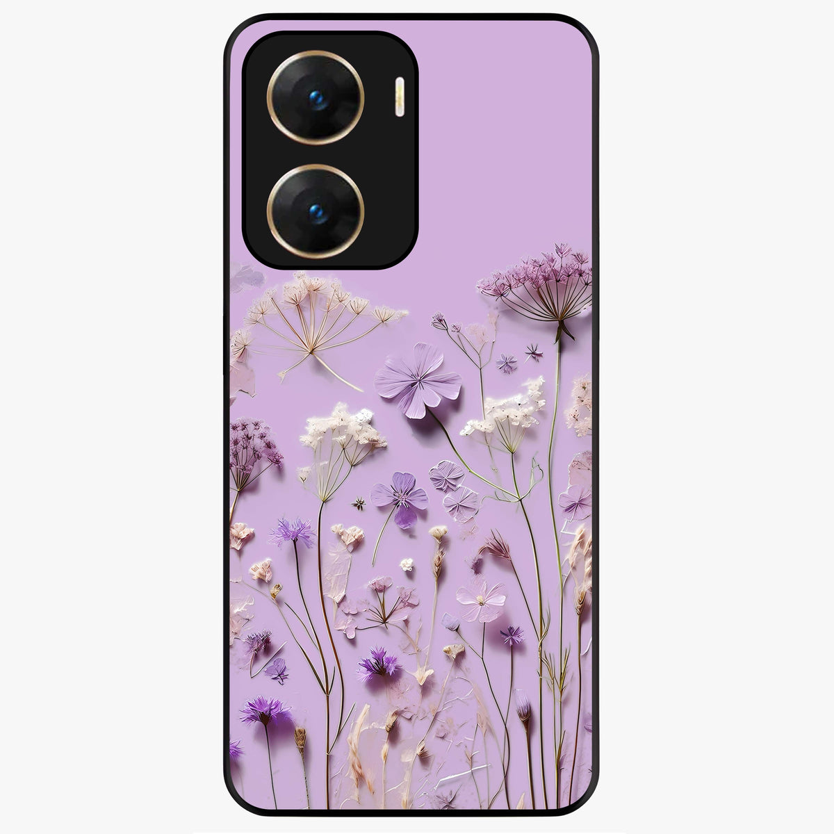 Lavender Blossom Dream Glass Case showing flat back view with soft lavender floral artwork and glossy glass finish.