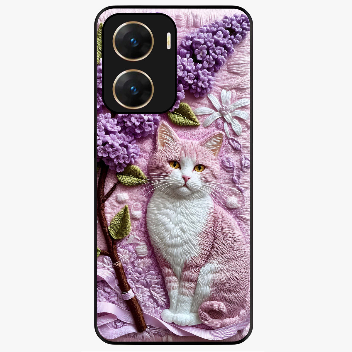Lavender Cat Whimsy Glass Case showing flat back view with cute lavender cat artwork and glossy glass finish.