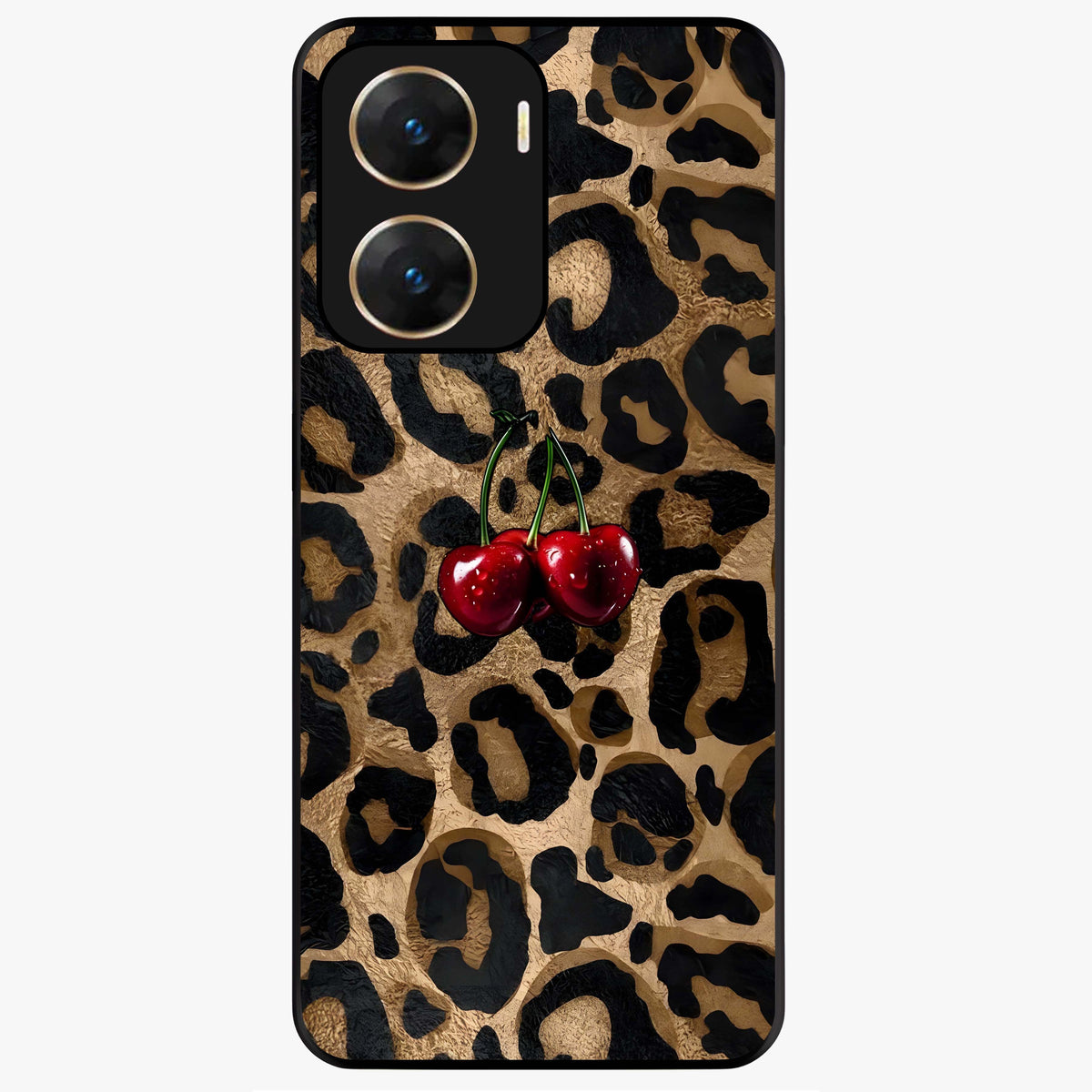 Leopard Wild Cherry Glass Case showing flat back view with leopard pattern and cherry artwork and glossy glass finish.