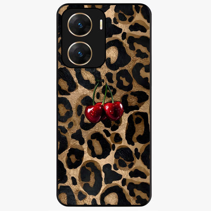Leopard Wild Cherry Glass Case showing flat back view with leopard pattern and cherry artwork and glossy glass finish.