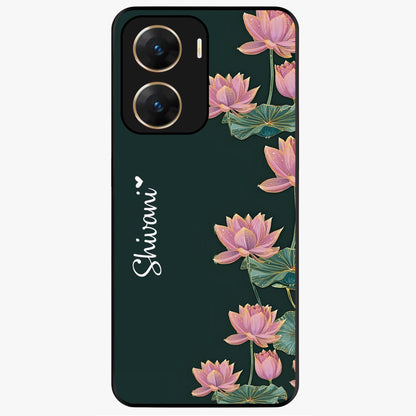 Lotus Bloom Serenity Custom Name Glass Case showing flat back view with elegant lotus flower artwork and personalized name design.