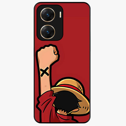 Luffy X Spirit Glass Case showing flat back view with bold anime character artwork and glossy glass finish.