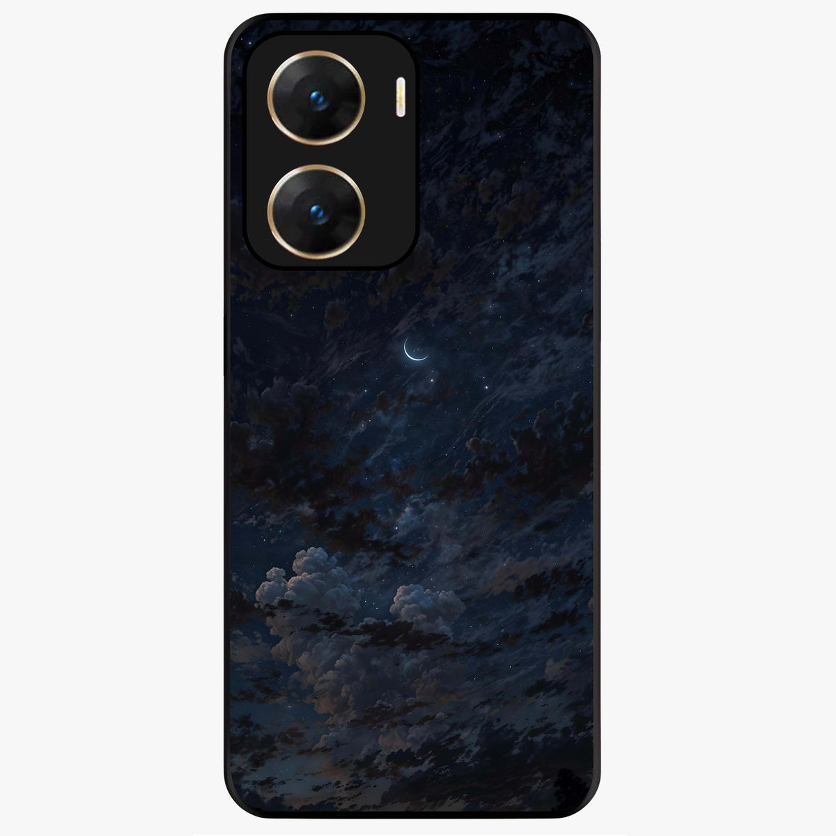 Lunar Veil Silence Glass Case showing flat back view with mystical moon veil artwork and glossy glass finish.