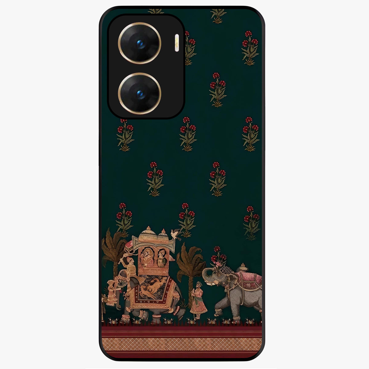 Macmerise Glass Case showing flat back view with stylish modern artwork and glossy glass finish.