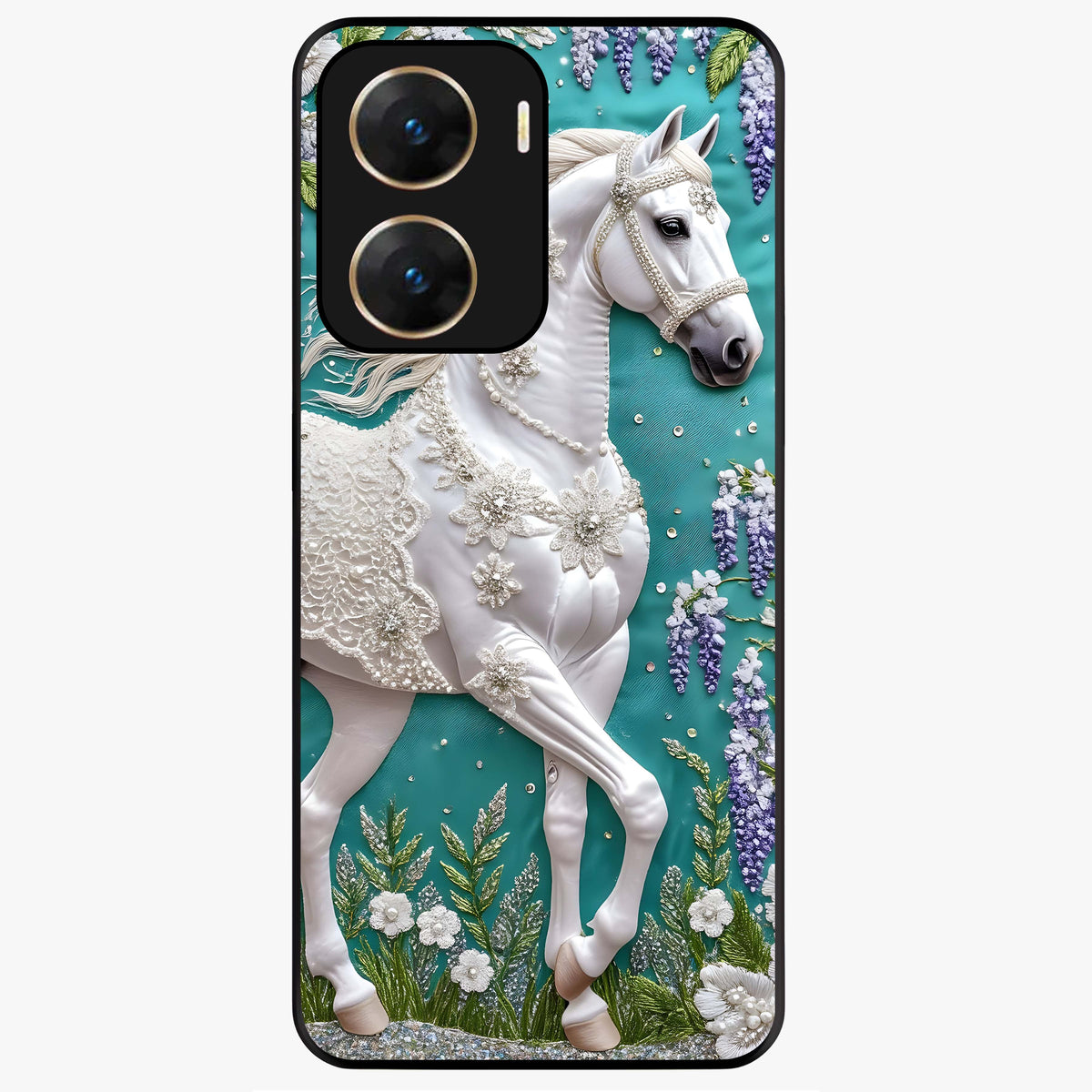 Majestic Floral Stallion Glass Case showing flat back view with powerful horse and floral artwork and glossy glass finish.