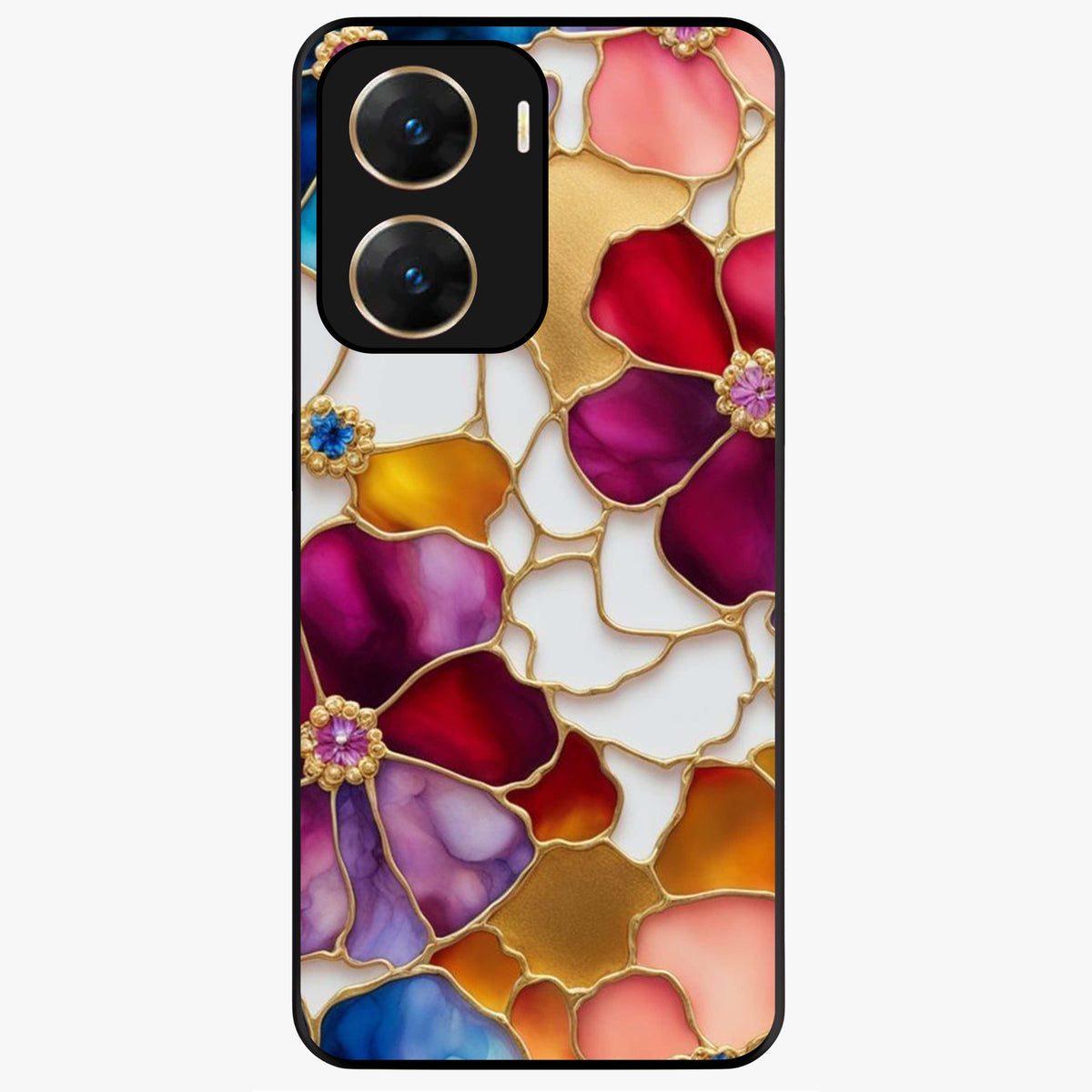 Marble Flower Pattern Glass Case showing flat back view with marble texture floral artwork and glossy glass finish.