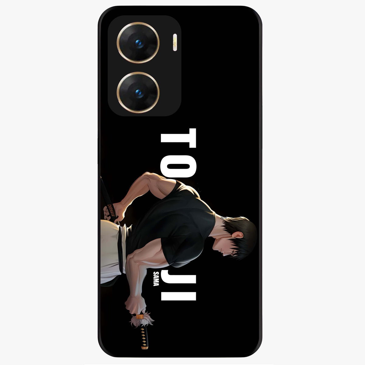 Midnight Blade Resolve Glass Case showing flat back view with dark warrior sword artwork and glossy glass finish.