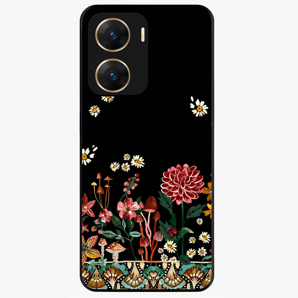 Midnight Bloom Pattern Glass Case showing flat back view with dark floral pattern artwork and glossy glass finish.