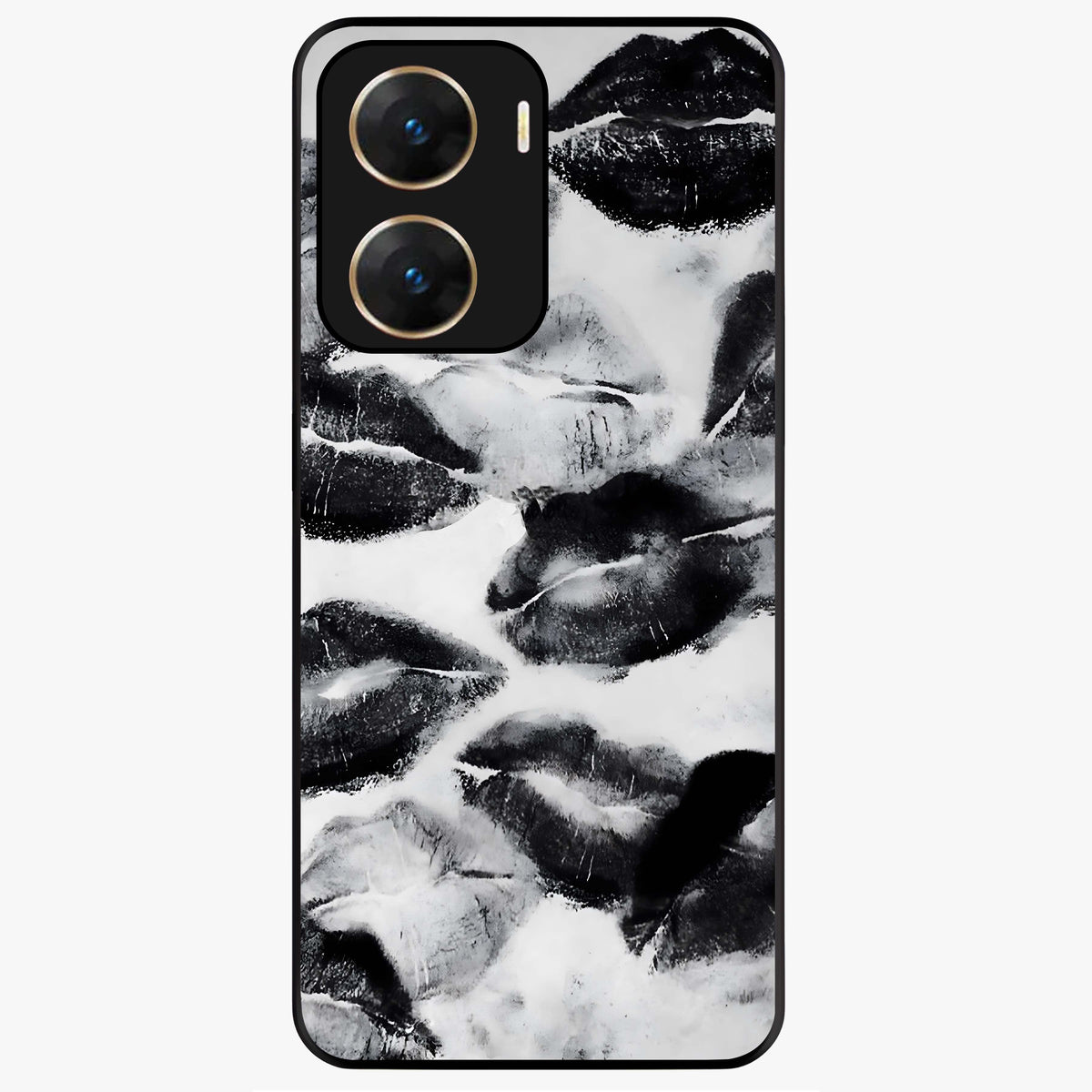 Midnight Kiss Marks Glass Case showing flat back view with lipstick kiss mark artwork and glossy glass finish.