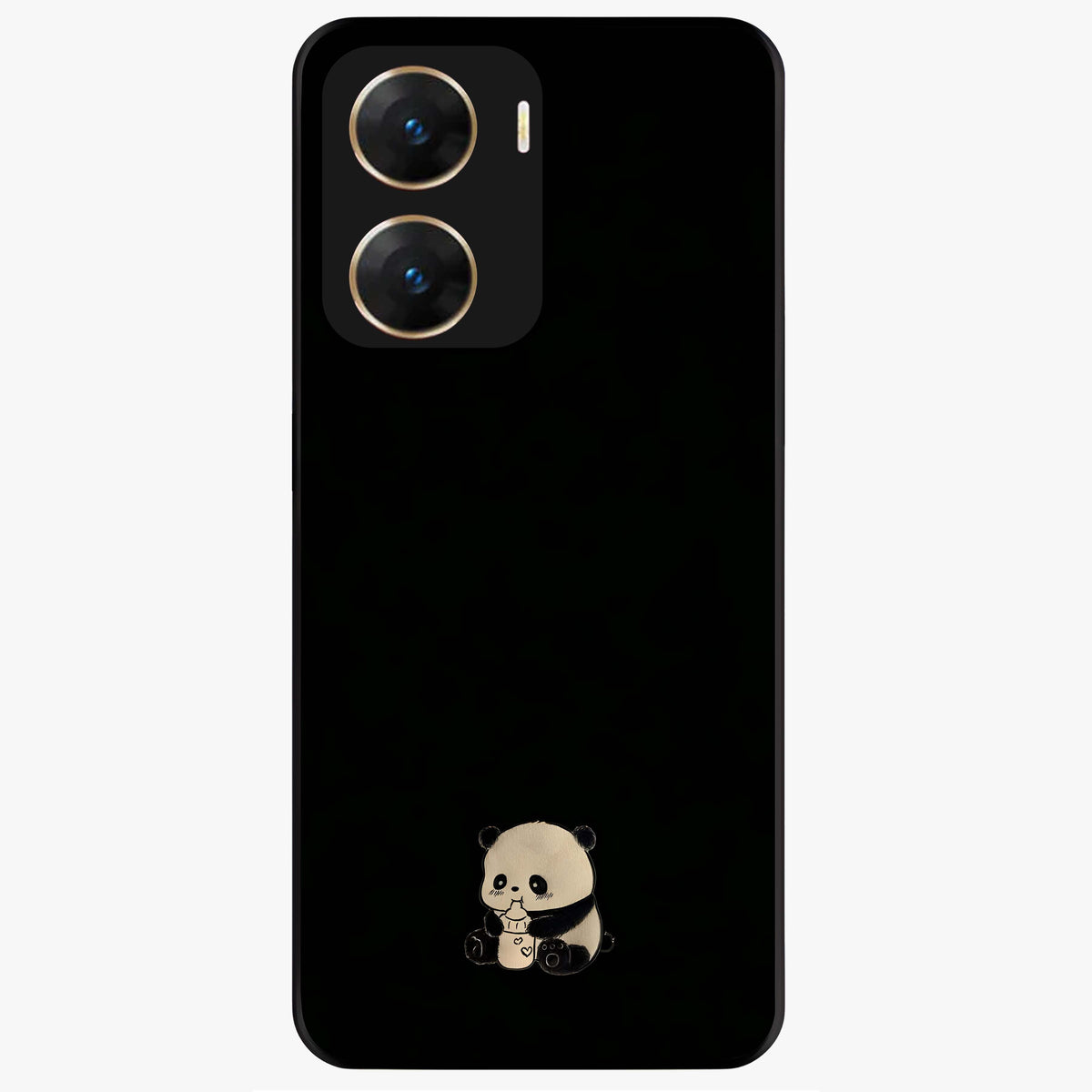 Midnight Panda Love Glass Case showing flat back view with cute panda themed artwork and glossy glass finish.