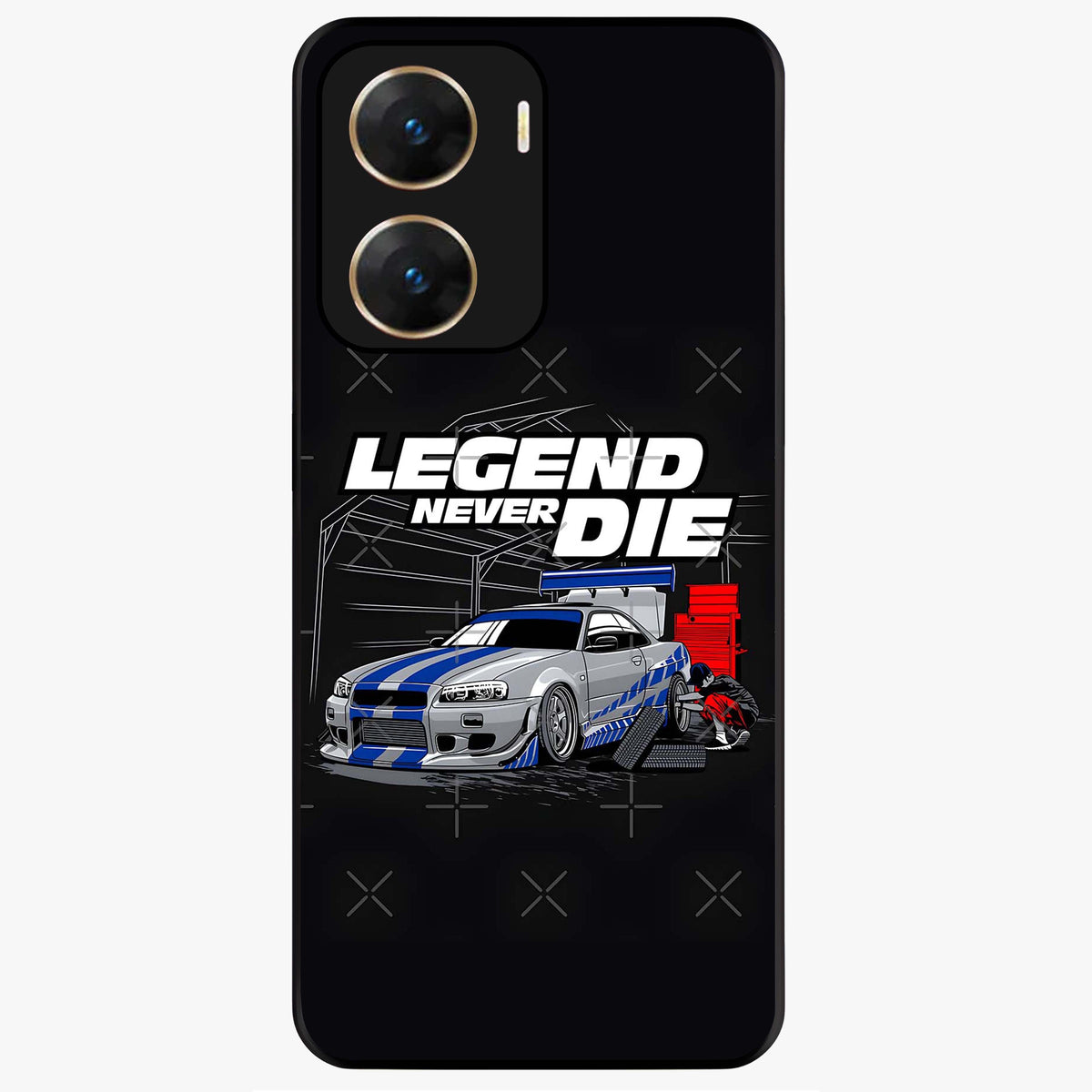 Midnight Racing Legacy Glass Case showing flat back view with sleek racing inspired artwork and glossy glass finish.