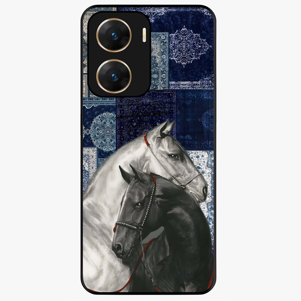 Midnight Stallion Blues Glass Case showing flat back view with majestic horse artwork and glossy glass finish.