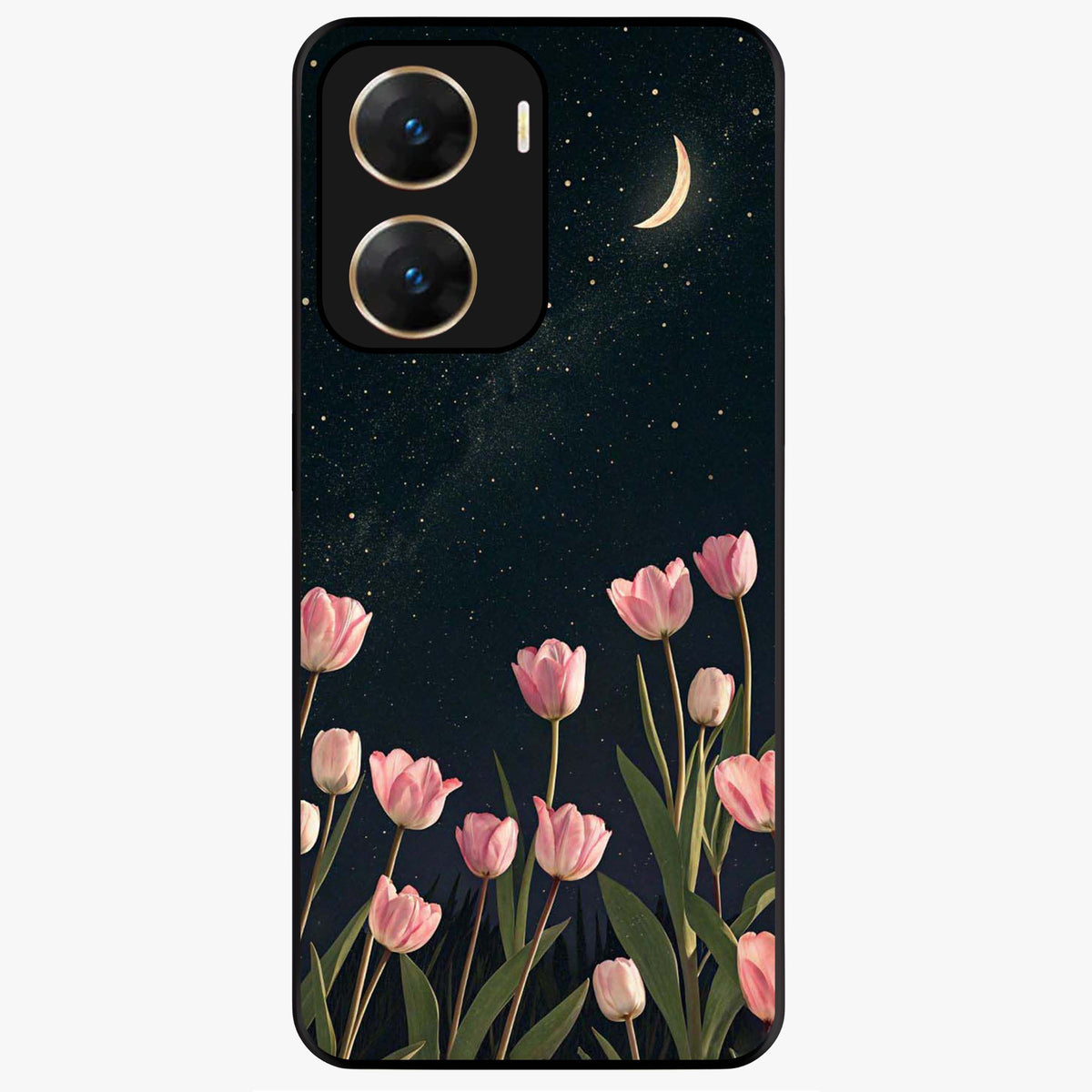 Midnight Tulip Whispers Vibe Glass Case showing flat back view with elegant tulip flower artwork and glossy glass finish.