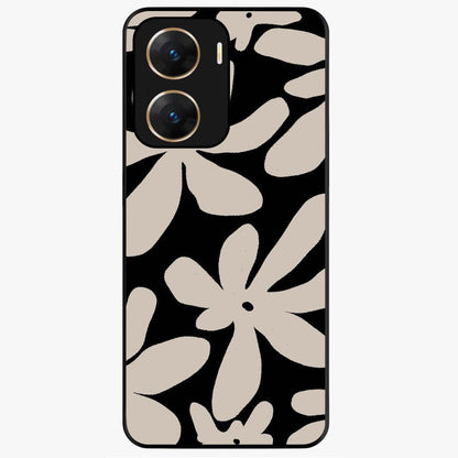 Monochrome Petal Dance Glass Case showing flat back view with monochrome floral artwork and glossy glass finish.