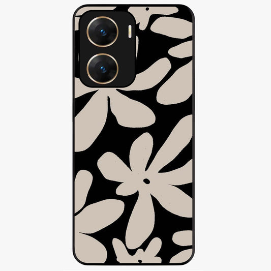 Monochrome Petal Dance Glass Case showing flat back view with monochrome floral artwork and glossy glass finish.