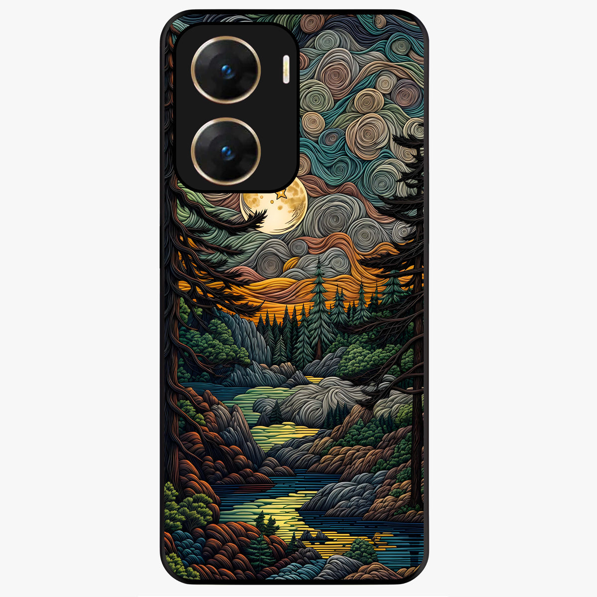 Moonlight Forest Dream Glass Case showing flat back view with mystical forest moonlight artwork and glossy glass finish.