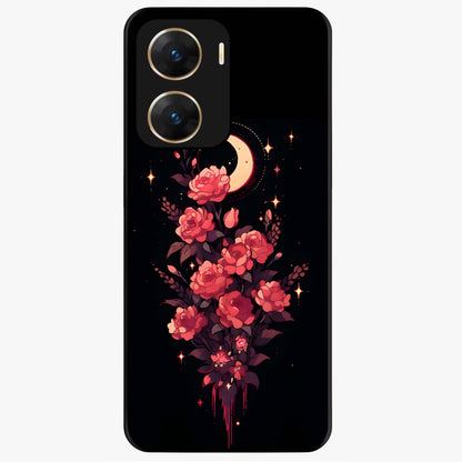 Moonlit Floral Elegance Glass Case showing flat back view with elegant floral artwork under moonlit tones and glossy glass finish.